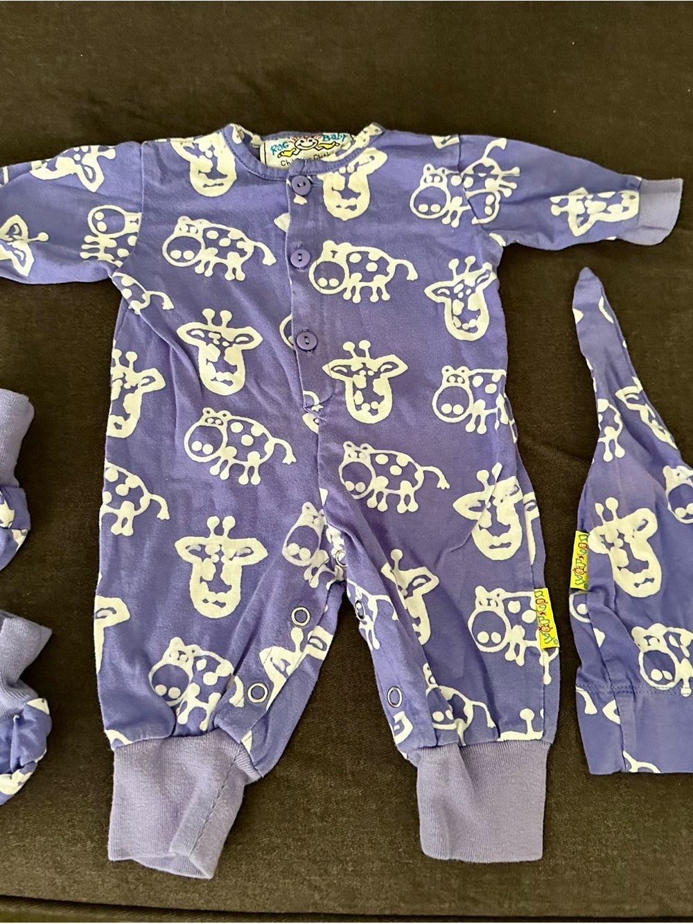 Rag Baby Vintage Purple Cow Print Layette Set Onesie Hat Mittens NB 100% Cotton